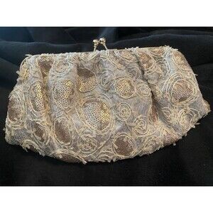 Badgley Mischka Elegant Sequin Embroidered Beige Clutch Purse Detachable Chain